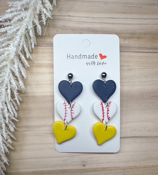 Navy & Yellow Baseball Heart Dangles