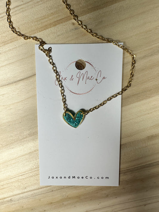 Blue glitter w gold heart necklace - 16in