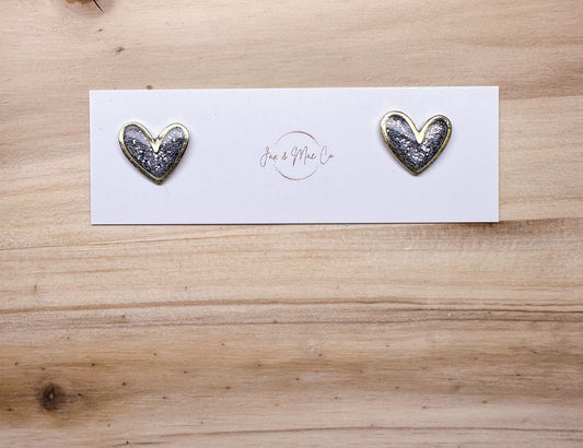 Silver glitter mini heart studs - gold trim