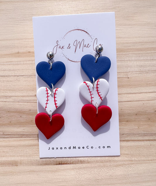 Baseball Heart Dangles (royal blue/white/red)