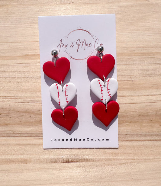 Baseball Heart Dangles (Red/White)