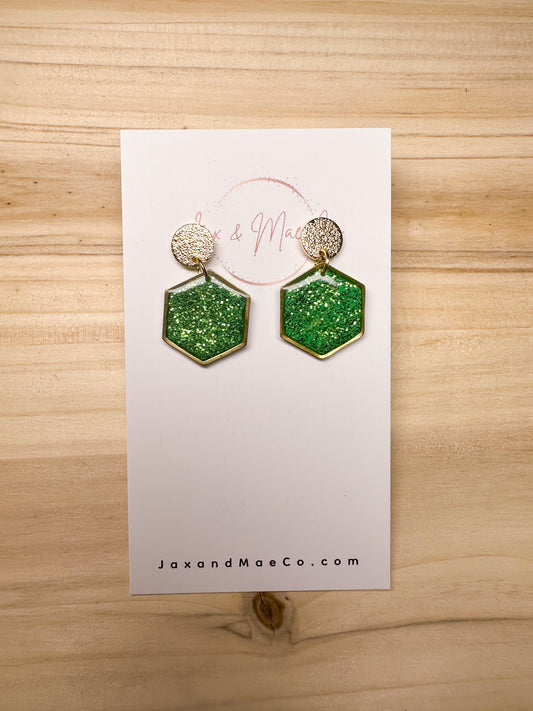 Green Hex Dangles (stud gold hardware)